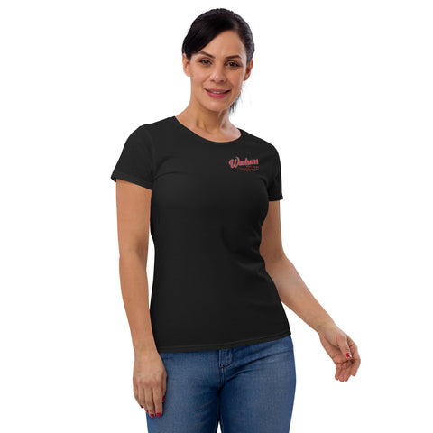 A lady wearing a black Wadson's Hot Rods shirt